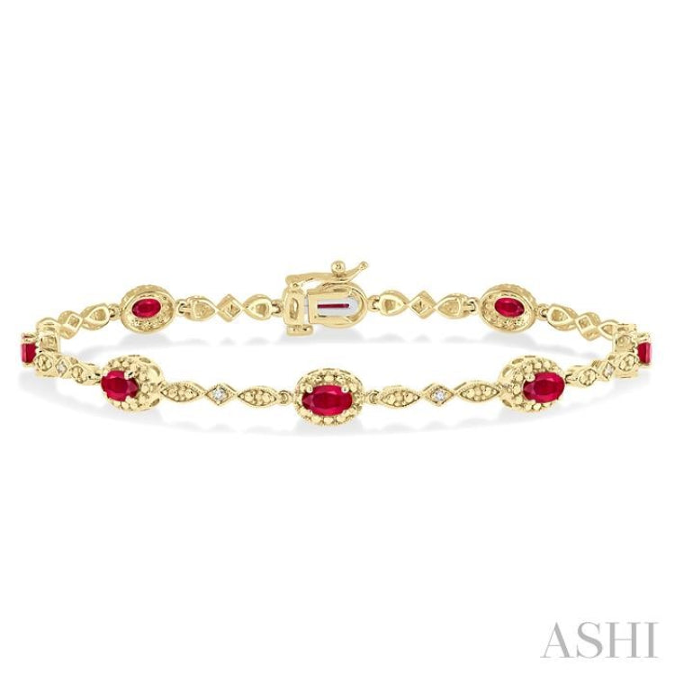 5x3 MM Oval Cut Ruby and 1/20 Ctw Single Cut Diamond Bracelet in 10K Yellow Gold