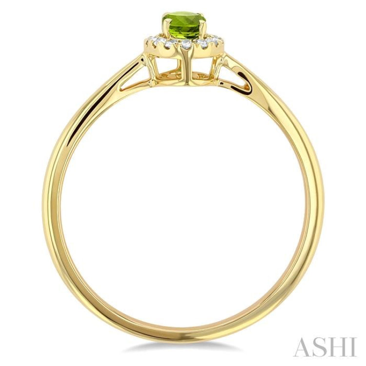 5x3 MM Oval Shape Peridot and 1/20 Ctw Single Cut Diamond Halo Semi-Precious Ring in 10K Yellow Gold