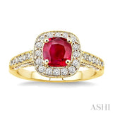 6x6 MM Cushion Cut Ruby and 7/8 Ctw Round Cut Diamond Precious Ring in 14K Yellow Gold
