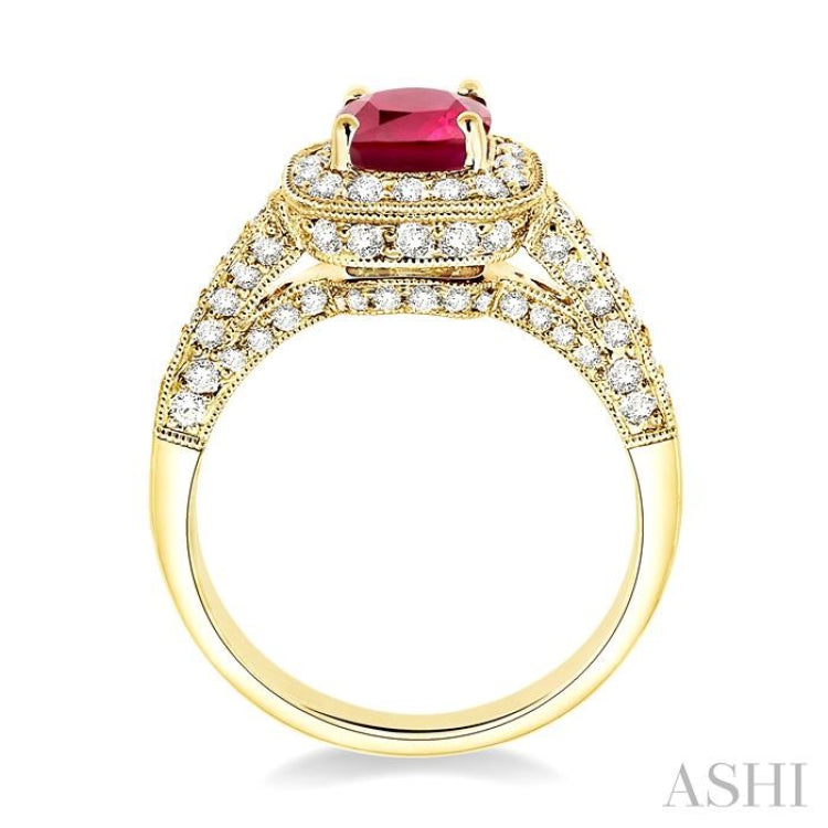 6x6 MM Cushion Cut Ruby and 7/8 Ctw Round Cut Diamond Precious Ring in 14K Yellow Gold