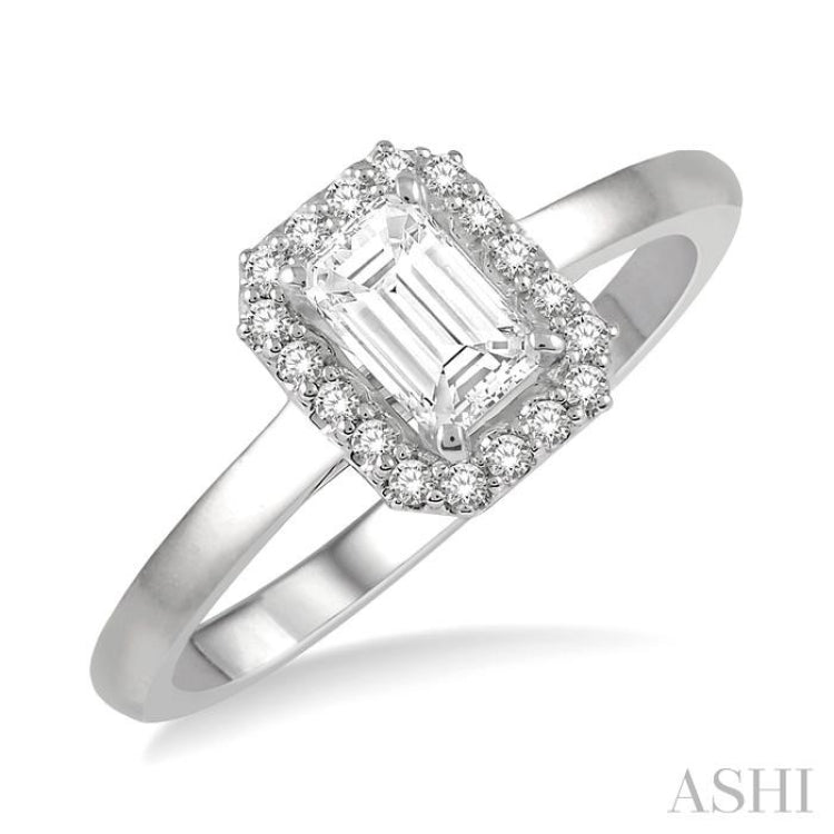 1/3 Ctw Round Cut Diamond Engagement Ring With 1/4 Ct Emerald Cut Center Stone in 14K White Gold