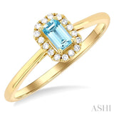 5x3 MM Octagonal Shape Aquamarine and 1/20 ctw Single Cut Diamond Halo Semi Precious Ring in 10K Yellow Gold