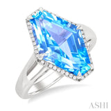 16x10 MM Hexagon Shape Blue Topaz and 1/10 ctw Round Cut Diamond Halo Semi Precious Ring in 14K White Gold