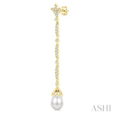 9X7 MM Marquise Link Teardrop Cultured Pearl and 1/2 Ctw Round Cut Diamond Long Earring in 14K Yellow Gold