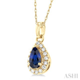 5x3 MM Pear Shape Sapphire and 1/20 Ctw Single Cut Diamond Halo Precious Pendant with Chain in 10K Yellow Gold
