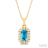 5x3 MM Octagonal Shape Blue Topaz and 1/20 Ctw Single Cut Diamond Halo Semi-Precious Pendant with Chain in 10K Yellow Gold