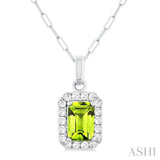 6x4 MM Octagonal Shape Peridot and 1/6 Ctw Round Cut Diamond Halo Semi-Precious Pendant with Chain in 10K White Gold
