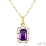6x4 MM Octagonal Shape Amethyst and 1/6 Ctw Round Cut Diamond Halo Semi-Precious Pendant with Chain in 14K Yellow Gold
