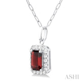 6x4 MM Octagonal Shape Garnet and 1/6 Ctw Round Cut Diamond Halo Semi-Precious Pendant with Chain in 10K White Gold