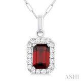 6x4 MM Octagonal Shape Garnet and 1/6 Ctw Round Cut Diamond Halo Semi-Precious Pendant with Chain in 10K White Gold