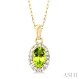 5x3 MM Oval Shape Peridot and 1/20 Ctw Single Cut Diamond Halo Semi-Precious Pendant with Chain in 14K Yellow Gold