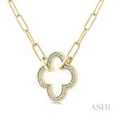 1/10 Ctw Clover Frame Round Cut Diamond Fashion Pendant With Paperclip Chain in Yellow Gold Vermeil