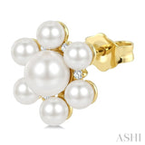 3MM & 5.5MM White Cultured Pearl and 1/10 Ctw Floral Round Cut Diamond Fashion Earrings in 10K Yellow Gold