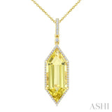 22X8 MM Evoque Gemstones Hexagon Shape Lemon Quartz and 1/4 Ctw Round Cut Diamond Semi-Precious Pendant With Chain in 14K Yellow Gold