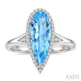 16X6 MM Evoque Gemstones Pear Shape Blue Topaz and 1/6 Ctw Round Cut Diamond Semi-Precious Ring in 10K White Gold