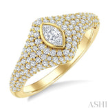 1 Ctw Pave Set Marquise Shape and Round Cut Diamond Fashion Signet Ring in 14K Yellow Gold