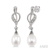 8x6 MM Drop Cut Cultured Pearls and 1/10 Ctw Round Cut Diamond Drop Earrings in 10K White Gold