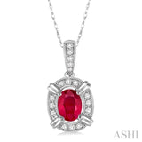 6x4 MM Oval Cut Ruby and 1/10 Ctw Round Cut Diamond Pendant in 10K White Gold with Chain