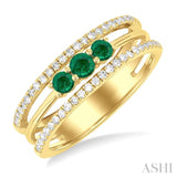 3.2 MM, 2.7 MM Round Emerald & 1/4 Ctw Round Cut Diamond Past, Present and Future Precious Layered Fashion Ring in 10K Yellow Gold