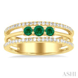 3.2 MM, 2.7 MM Round Emerald & 1/4 Ctw Round Cut Diamond Past, Present and Future Precious Layered Fashion Ring in 10K Yellow Gold