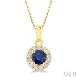 3.25 MM Round Sapphire and 1/20 Ctw Round Cut Diamond Halo Precious Pendant with Chain in 10K Yellow Gold