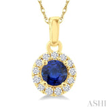 3.25 MM Round Sapphire and 1/20 Ctw Round Cut Diamond Halo Precious Pendant with Chain in 10K Yellow Gold