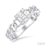 1/4 Ctw Fusion Baguette and Round Cut Diamond Curb & Cuban Link Fashion Ring in 14K White Gold