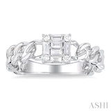 1/4 Ctw Fusion Baguette and Round Cut Diamond Curb & Cuban Link Fashion Ring in 14K White Gold