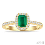 6x4 MM Emerald and 1/4 Ctw Emerald Shape Round Cut Diamond Halo Precious Ring in 14K Yellow Gold