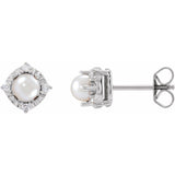 Sterling Silver Cultured White Freshwater Pearl & .08 CTW Natural Diamond Halo-Style Earrings