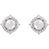Sterling Silver Cultured White Freshwater Pearl & .08 CTW Natural Diamond Halo-Style Earrings