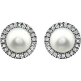 14K White Gold Cultured White Freshwater Pearl & 1/8 CTW Natural Diamond Earrings
