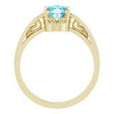 14K Yellow Gold Natural Blue Zircon Solitaire Scroll Setting® Ring