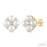 4 MM Round Shape Floral Cultured Pearls and 1/10 Ctw Round Cut Diamond Fashion Stud Earring in 10K Yellow Gold