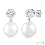 7 MM Cultured White Pearl and 1/4 Ctw Disc Top Lovebright Round Cut Diamond Fashion Earrings in 14K White Gold