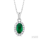 1/20 ctw Round Cut Diamond and 5X3MM Oval Shape Emerald Halo Precious Pendant with Chain in 10K White Gold