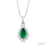 1/20 ctw Round Cut Diamond and 5X3MM Pear Shape Emerald Halo Precious Pendant with Chain in 10K White Gold