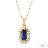 1/20 ctw Round Cut Diamond and 5X3MM Octagonal Shape Sapphire Halo Precious Pendant with Chain in 10K Yellow Gold