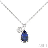 1/20 ctw Pear Cut 6X4MM sapphire and Bezel Set Round Cut Diamond Precious Necklace in 14K White Gold