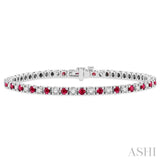 2.5 MM Ruby and 1 1/2 Ctw Round Cut Diamond Square Box Link Precious Tennis Bracelet in 14K White Gold