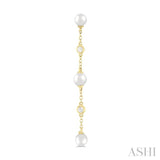 4 MM Round Shape Cultured Pearl and 1/20 Ctw Round Cut Diamond Station Long Earring in 14K Yellow Gold