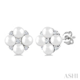 3 MM Floral Round Shape Cultured Pearl and 1/20 Ctw Round Cut Diamond Fashion Stud Earring in 10K White Gold