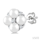 3 MM Floral Round Shape Cultured Pearl and 1/20 Ctw Round Cut Diamond Fashion Stud Earring in 10K White Gold