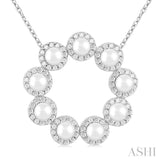 3 MM Round Shape Cultured Pearl and 1/3 ctw Round Cut Diamond Halo Pendant With Chain in 14K White Gold
