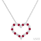 1.4 MM Round Cut Ruby and 1/8 Ctw Open Heart Round Cut Diamond Precious Fashion Pendant With Chain in 14K White Gold