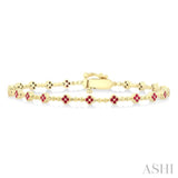 1 MM Round Cut Ruby Clover and Bead Ball Link Precious Tennis Bracelet in 14K Yellow Gold