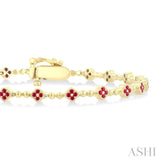 1 MM Round Cut Ruby Clover and Bead Ball Link Precious Tennis Bracelet in 14K Yellow Gold