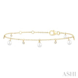 3 MM Round Shape Cultured Pearl and 1/20 Ctw Round Cut Diamond Station Bracelet in 14K Yellow Gold