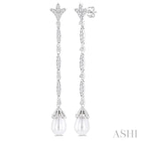 9X7 MM Marquise Link Teardrop Cultured Pearl and 1/2 ctw Round Cut Diamond Long Earring in 14K White Gold