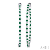 1.6 MM Round Emerald and 1 Ctw Round Cut Diamond Precious Inside-Out Alternating Hoop Earrings in 14K White Gold